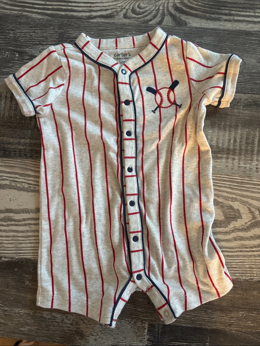 Carter's White Short-Sleeve Baseball Stripe One-Piece with Navy Trim romper